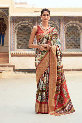 RED DOLA VISCOSE WITH TOP CLASS PRINT SAREES