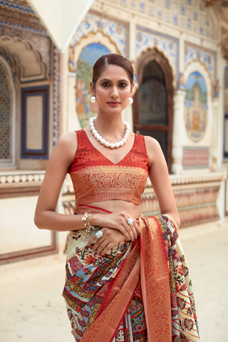 RED DOLA VISCOSE WITH TOP CLASS PRINT SAREES