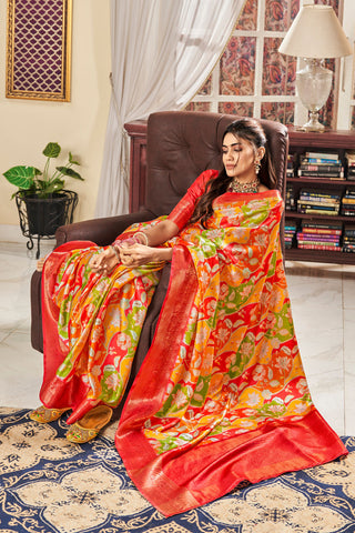 RED FLORAL PURE SATIN DIGITAL SAREES