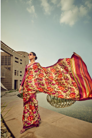 RED PRINTED SATIN CREPE SAREE_1