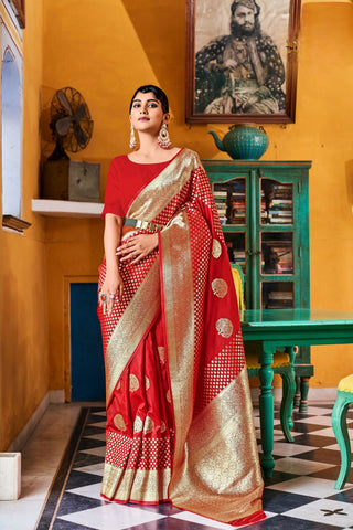 RED PURE BANARASI SILK WITH ZARI WEAVING WITH MATCHING BLOUSE