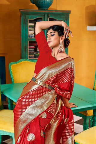 RED PURE BANARASI SILK WITH ZARI WEAVING WITH MATCHING BLOUSE