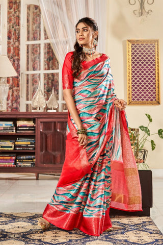 RED & BLUE WAVES PURE SATIN DIGITAL SAREES