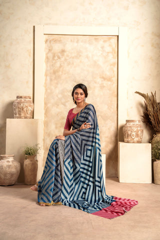 RED & NAVY BLUE SOFT SATIN SILK SAREE