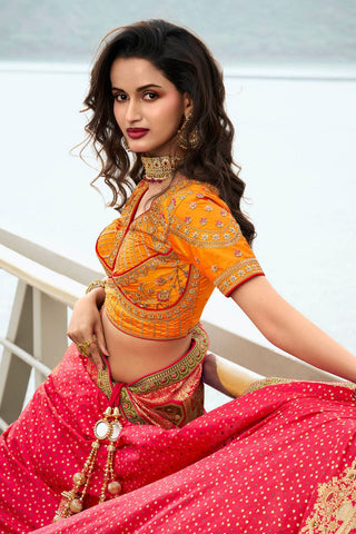 Radiant Yellow and Orange Banarasi Silk Festive Lehenga with Zarkan Detailing