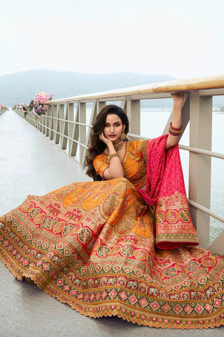 Radiant Yellow and Orange Banarasi Silk Festive Lehenga with Zarkan Detailing