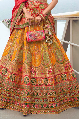 Radiant Yellow and Orange Banarasi Silk Festive Lehenga with Zarkan Detailing