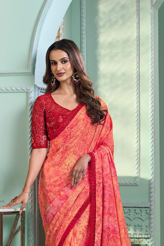 RED CRYSTAL CHIFFON SAREE