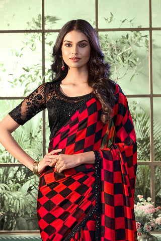 RED & BLACK PURE CHIFFON SILK SAREE