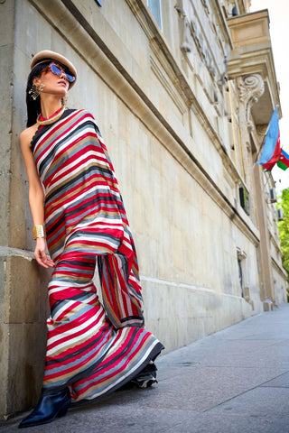 RED & BLACK PRINT SATIN CREPE SAREES