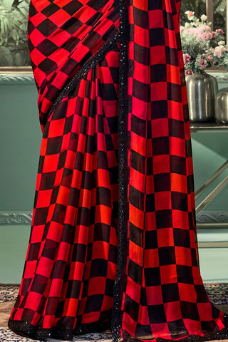 RED & BLACK PURE CHIFFON SILK SAREE