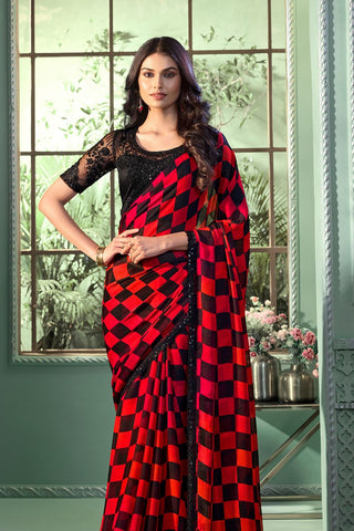 RED & BLACK PURE CHIFFON SILK SAREE