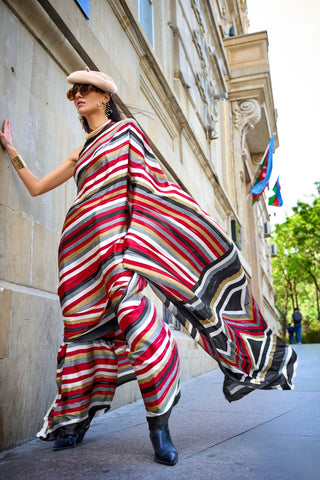 RED & BLACK PRINT SATIN CREPE SAREES