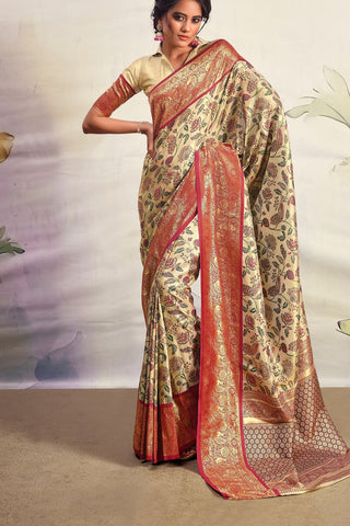 Cream & Red Pure Dharamavaram Silk Saree