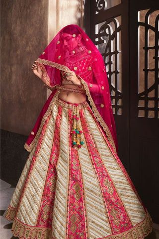 Red and Cream Banarasi Silk Lehenga