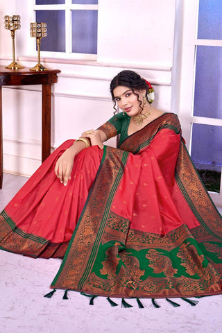Red & Green Soft Silk Banarasi Pattu Saree_Kumari Sarees