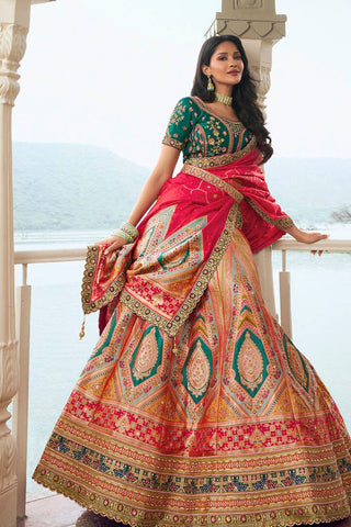 Golden Banarasi Silk Bridal Lehenga with Red and Green Accents