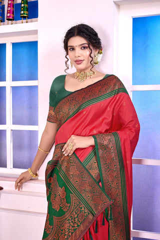 Red & Green Soft Silk Banarasi Pattu Saree_Kumari Sarees
