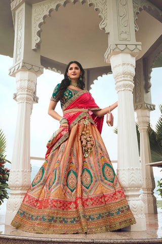 Golden Banarasi Silk Bridal Lehenga with Red and Green Accents