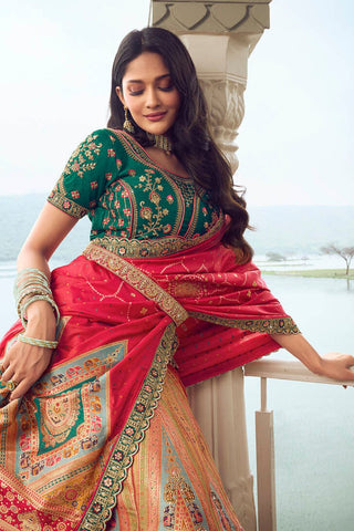 Golden Banarasi Silk Bridal Lehenga with Red and Green Accents