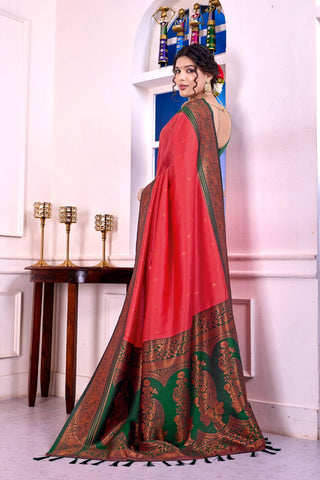 Red & Green Soft Silk Banarasi Pattu Saree_Kumari Sarees