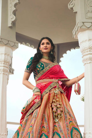 Golden Banarasi Silk Bridal Lehenga with Red and Green Accents