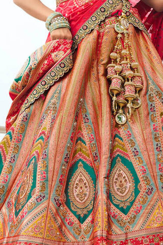 Golden Banarasi Silk Bridal Lehenga with Red and Green Accents