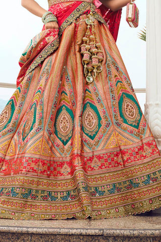 Golden Banarasi Silk Bridal Lehenga with Red and Green Accents