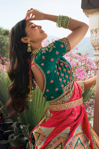 Golden Banarasi Silk Bridal Lehenga with Red and Green Accents