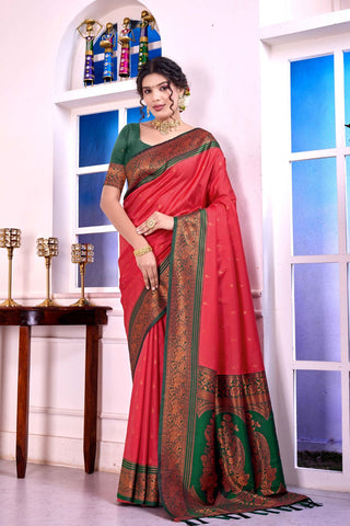 Red & Green Soft Silk Banarasi Pattu Saree_Kumari Sarees
