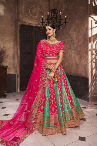 Red and Green Banarasi Silk Lehenga