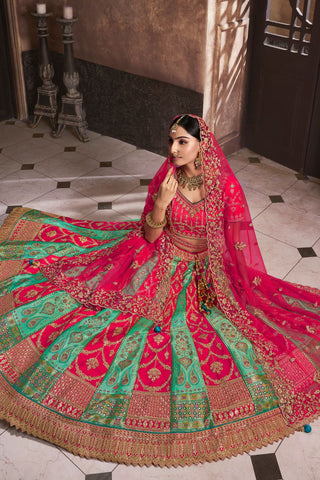 Red and Green Banarasi Silk Lehenga