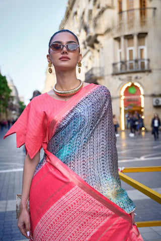 Red & Grey Print-poly Viscose Handloom Weaving Saree