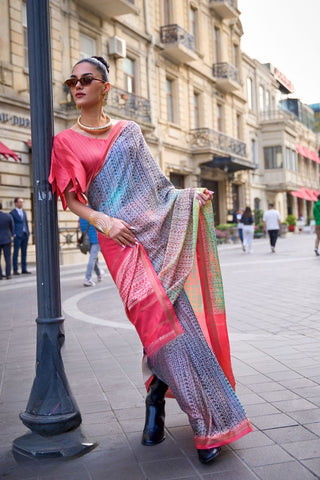 Red & Grey Print-poly Viscose Handloom Weaving Saree