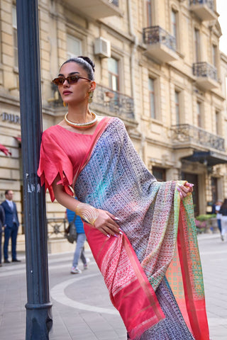 Red & Grey Print-poly Viscose Handloom Weaving Saree