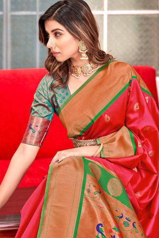 RED SOFT PESHWAI PAITHANI SILK SAREE