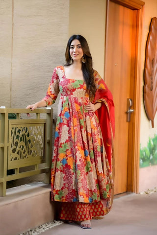 Red Muslin Cotton Printed Kurta Set_Kumari Sarees