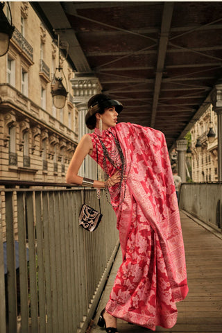 Red Organza Chickankari Zari Lucknowi Handloom Weaving Saree