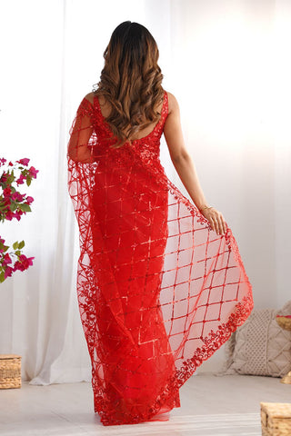 Red Soft Net With Zalar Lace Silk Saree