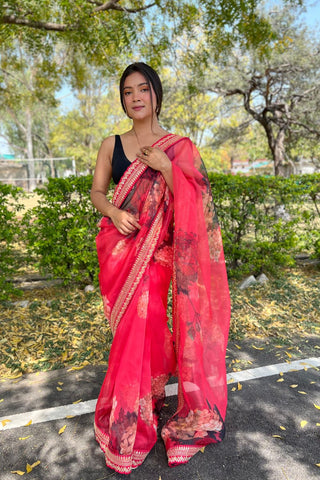 RED ORGANZA SAREE WITH FLORAL PRINT