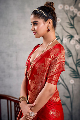 Red Pure Satin Silk Saree_Kumari Sarees