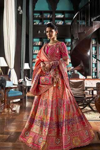 Red Banarasi Silk Lehenga with Zarkan Codding Work