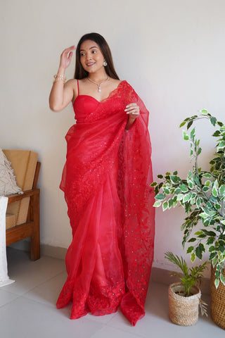 RED SOFT PURE ORGANZA SAREE