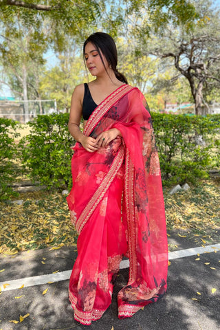 RED ORGANZA SAREE WITH FLORAL PRINT