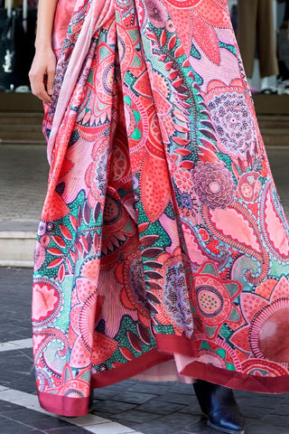 RED DIGITAL PRINT SATIN CREPE SAREE