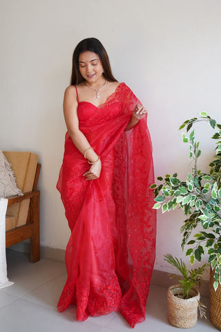 RED SOFT PURE ORGANZA SAREE