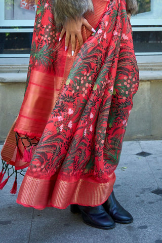 RED PRINT SATIN ORGANZA WEAVING SAREE