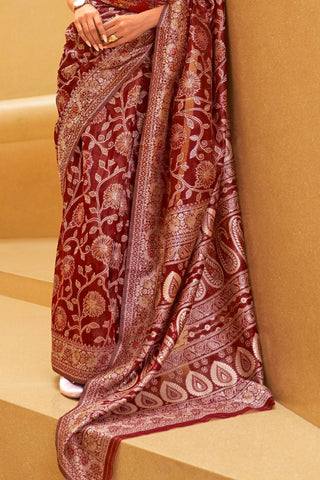 RED CHIKANKARI LUCKNOWI WEAVING SAREE