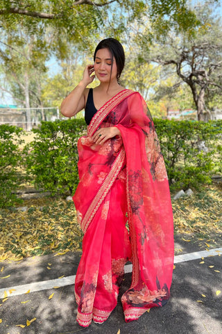 RED ORGANZA SAREE WITH FLORAL PRINT