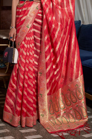 RED TWO - TONE MEENAKARI WEAVING ORGANZA SAREE